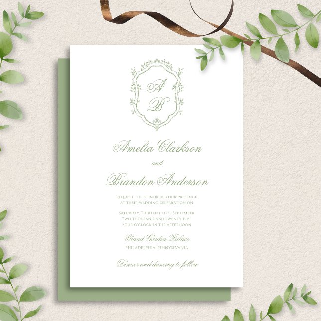 Elegant Classic Sage Green Monogram Crest Wedding Invitation (Creator Uploaded)