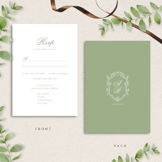 Elegant Classic Sage Green Monogram Crest Wedding RSVP Card (Creator Uploaded)