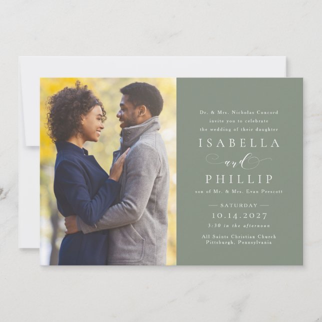 Elegant classic sage green photo wedding invitation (Front)