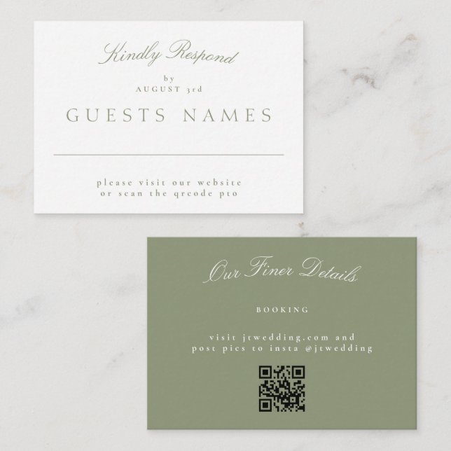 Elegant Classic Sage Green Wedding QR CODE RSVP Card (Front/Back)