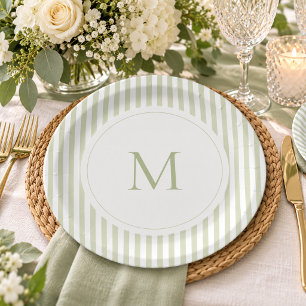 Elegant Classic Sage Stripe Monogram Bridal Shower Paper Plate