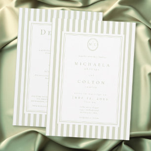 Elegant Classic Sage Stripe Monogram Two Sided Invitation