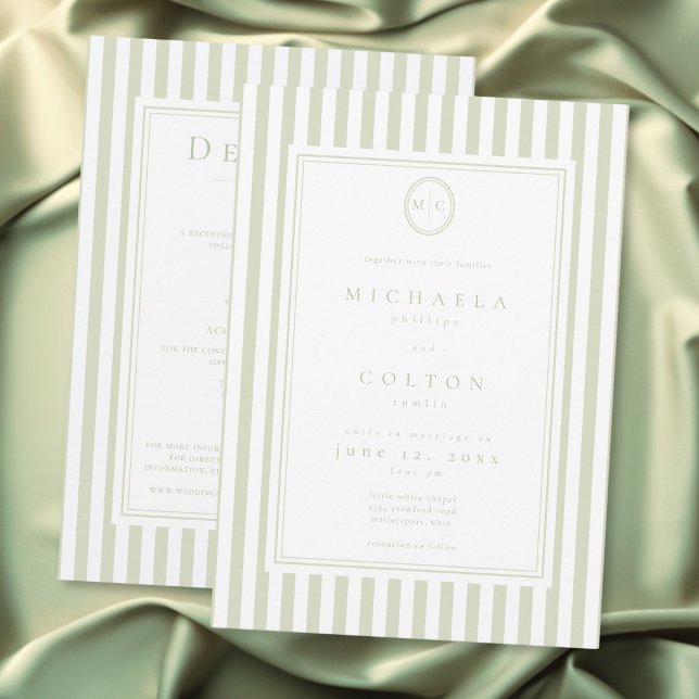 Elegant Classic Sage Stripe Monogram Two Sided Invitation (Elegant Classic Sage Stripe Monogram Two Sided Invitation)