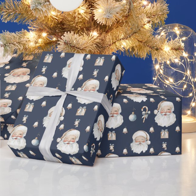 Elegant Classic Santa Christmas Navy Blue Wrapping Paper (Holidays)