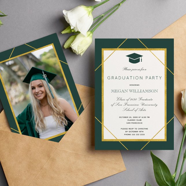 Elegant classic script gold green graduation party invitation (Creator Uploaded)