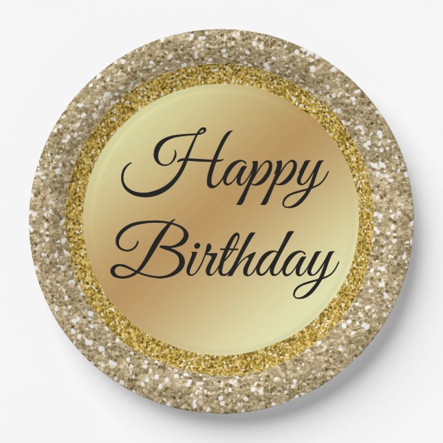 elegant classic script happy birthday,gold glitter paper plate (Front)