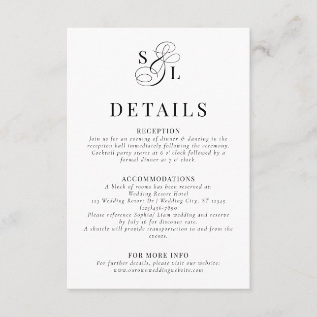 Elegant Classic Script Monogram Wedding Details Enclosure Card (Front)