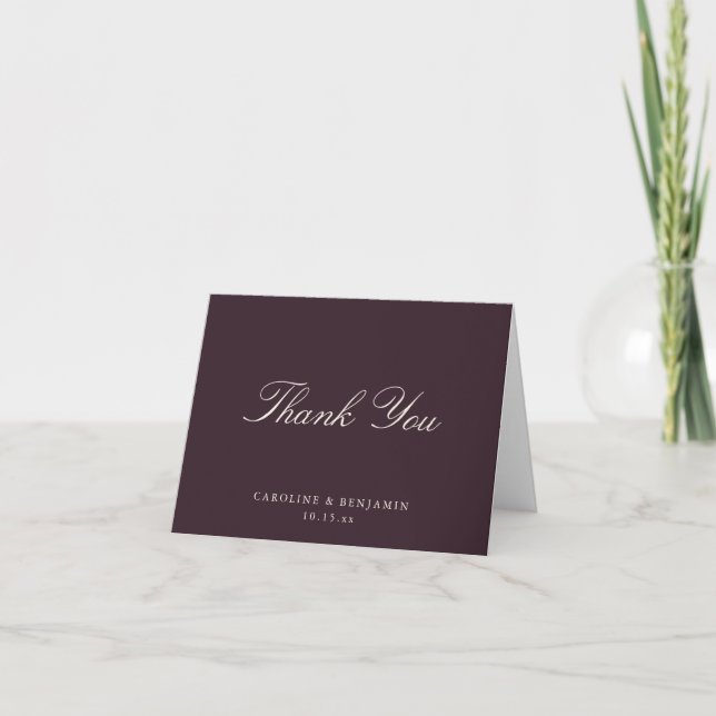 Elegant Classic Script Wedding Dark Plum Folded Thank You Card (Front)
