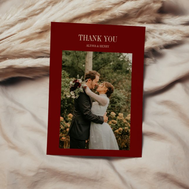 Elegant Classic Script Wine Red Wedding Photo Thank You Card (Creator Uploaded)