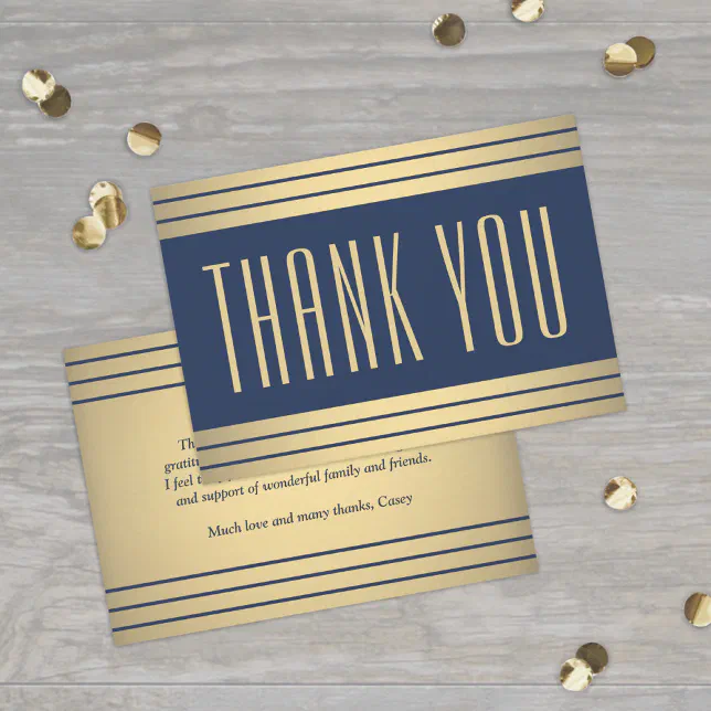 Elegant Classic Stripes Chic Navy Blue and Gold Thank You Card | Zazzle