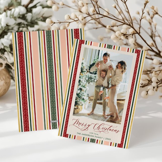 Elegant Classic Stripes Merry Christmas Photo Holiday Card (Creator Uploaded)