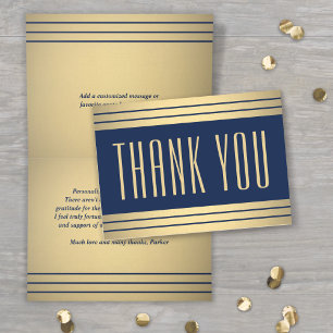 Elegant Classic Stripes Navy Blue and Gold Folded Thank You Card