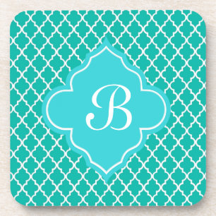 Elegant, classic, teal quatrefoil monogram coaster