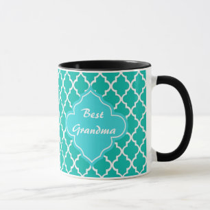 Elegant, classic, teal quatrefoil monogram mug