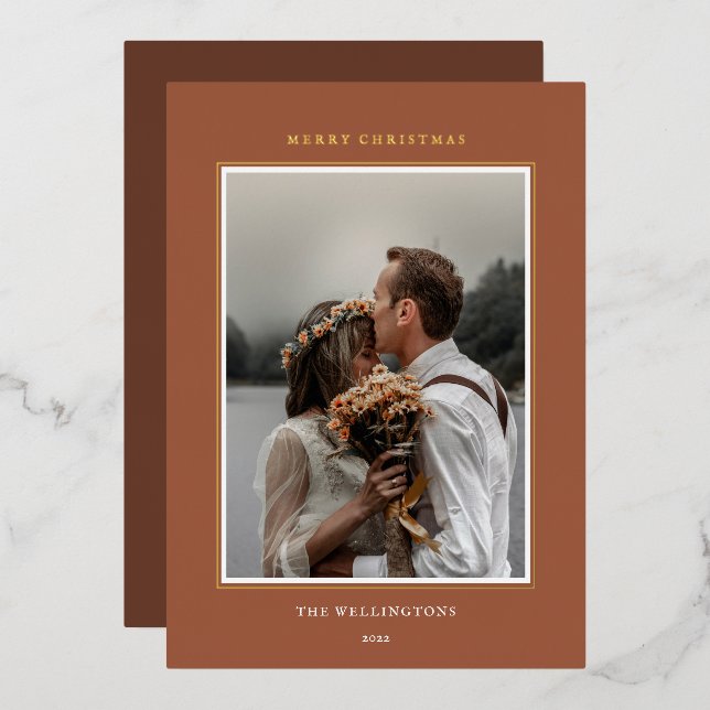 Elegant Classic Terracotta Photo Frame Christmas Foil Holiday Card (Front/Back)