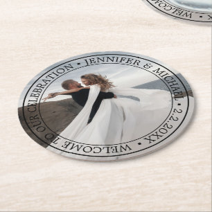 elegant classic typography wedding photo round paper coaster