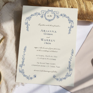Elegant Classic Vintage Blue Monogram Wedding  Invitation