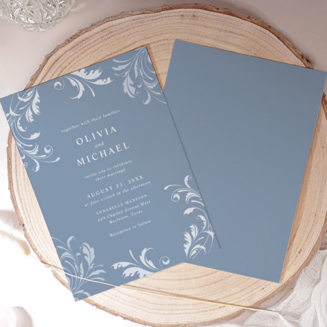 Elegant Classic Vintage Dusty Blue Wedding Invitation (Elegant dusty blue vintage wedding invitation with formal typography and classic swirl design)