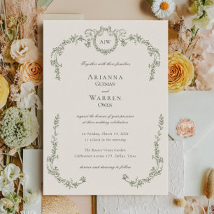 Elegant Classic Vintage Green Monogram Wedding  Invitation