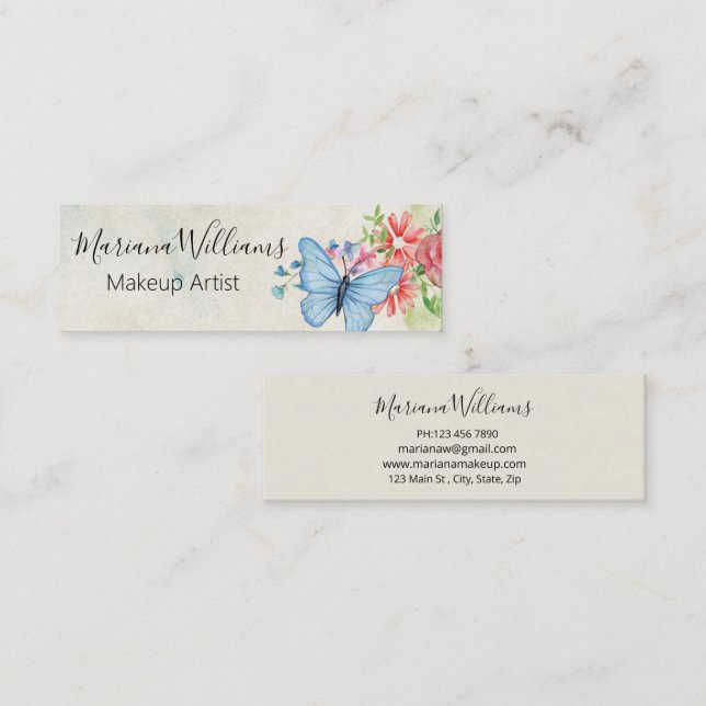 elegant classic watercolor butterfly makeup artist mini business card (Front/Back)