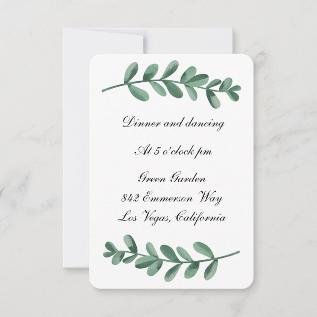 Elegant Classic Watercolor Green Leaves Reception Announcement (Front)