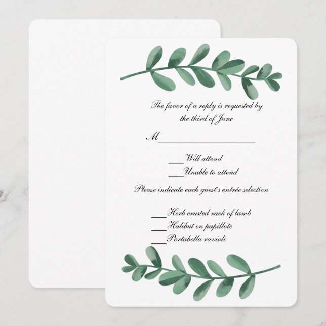 Elegant Classic Watercolor Green Leaves Response Invitation (Front/Back)