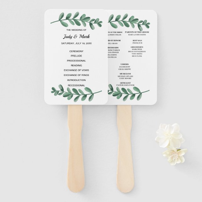 Elegant Classic Watercolor Green Leaves Wedding  Hand Fan (Front and Back)
