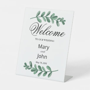 Elegant Classic Watercolor Green Leaves Wedding Pedestal Sign