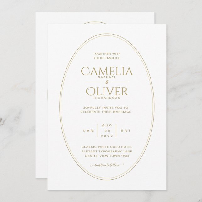 Elegant Classic White Gold MONOCHROME Wedding Invitation (Front/Back)