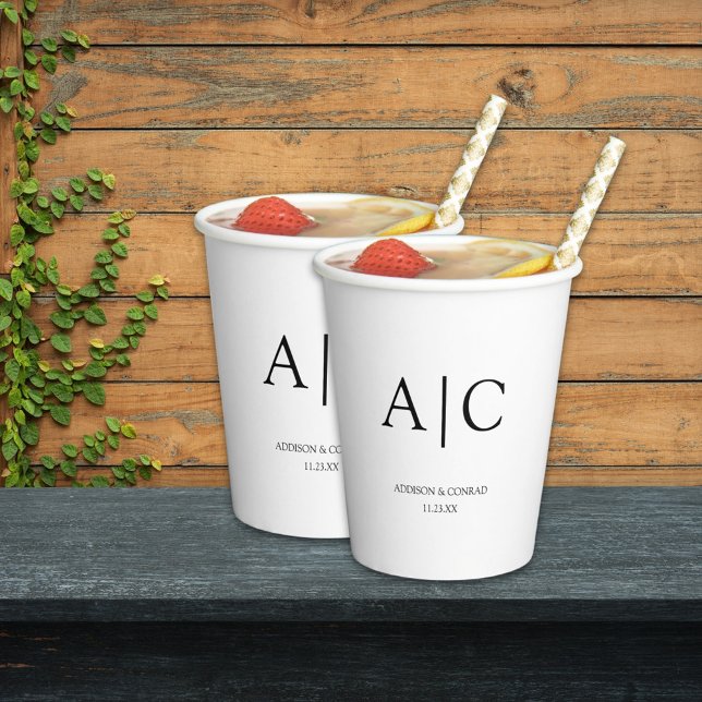Elegant Classic White Monogram Wedding Paper Cups (Creator Uploaded)