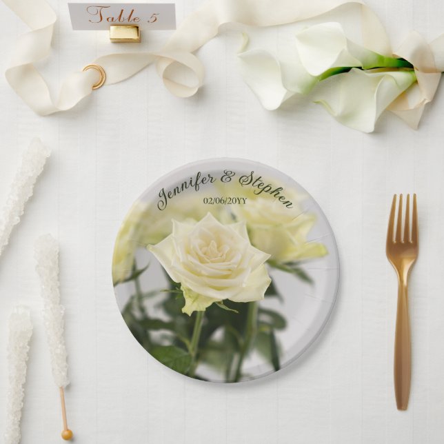 Elegant Classic White Rose Flowers Wedding Paper Plate (Wedding)