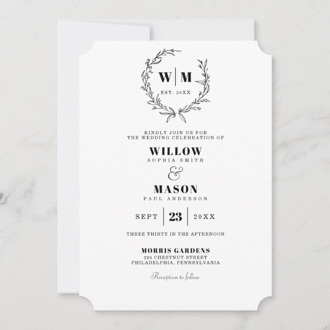 Elegant Classic Wreath Monogram Wedding Invitation (Front)