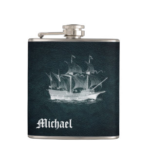 Elegant classy ancient ship leather personalised hip flask