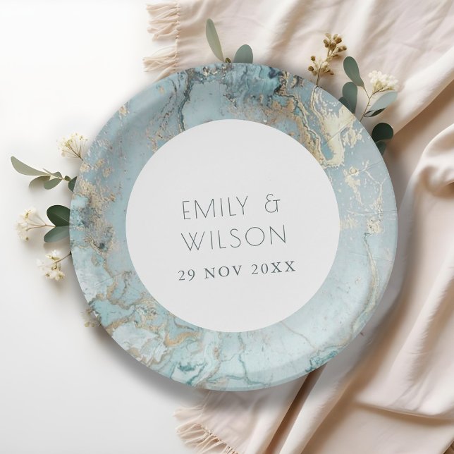 ELEGANT CLASSY AQUA DUSKY BLUE GOLD AGATE WEDDING PAPER PLATE (Creator Uploaded)