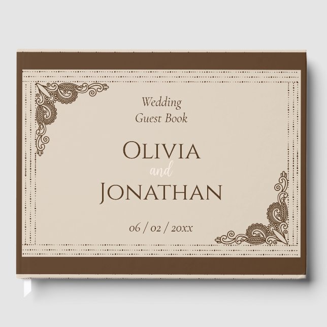 Elegant Classy Beige ornate Wedding Guest Book (Front)