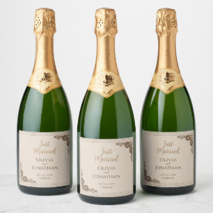 Elegant Classy Beige ornate Wedding Sparkling Wine Label