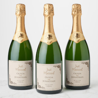 Elegant Classy Beige ornate Wedding Sparkling Wine Label