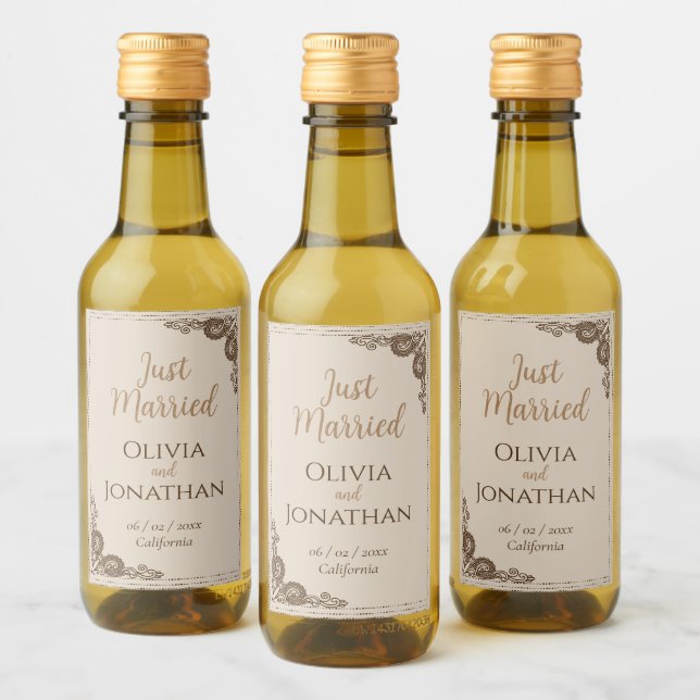 Elegant Classy Beige ornate Wedding Wine Label (Bottles)