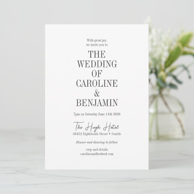 Elegant Classy Black and White Serif Wedding Invitation (Standing Front)