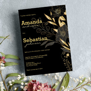 Elegant classy black gold floral luxury wedding invitation
