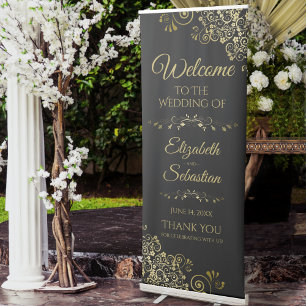 Elegant Classy Black & Gold Lacy Wedding Welcome Retractable Banner