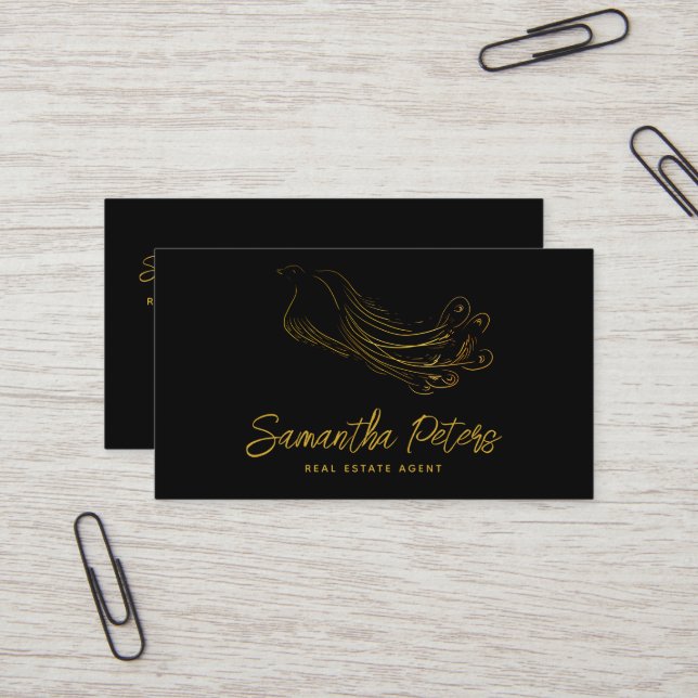 Elegant Classy Black Gold Peacock Real Estate Business Card (Front/Back In Situ)