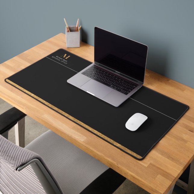 Elegant Classy Black & Gold Personalised Monogram  Desk Mat (Office 2)