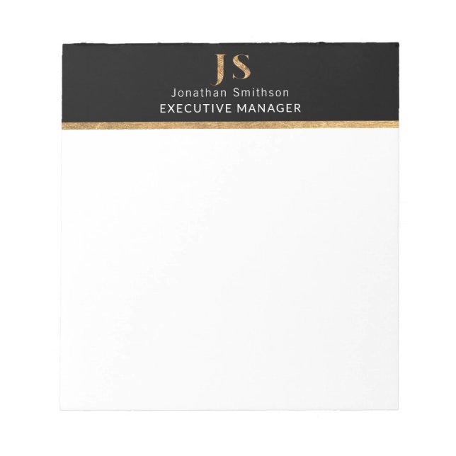  Elegant Classy Black & Gold Personalised Monogram Notepad (Front)