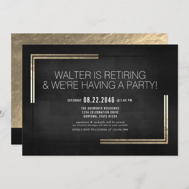 Elegant Classy Black/Gold Retirement Party Invitation (Front/Back)