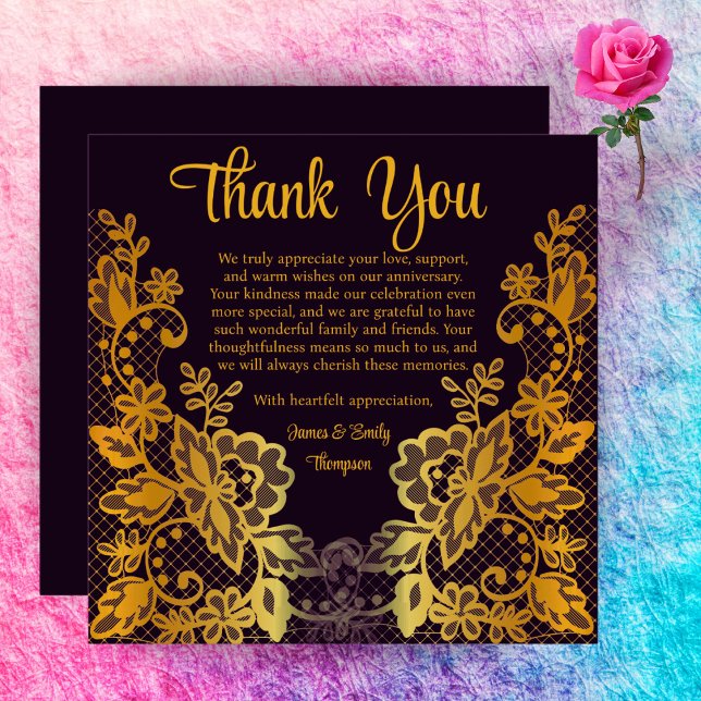 Elegant Classy Black & Gold Wedding Anniversary  Thank You Card (Creator Uploaded)