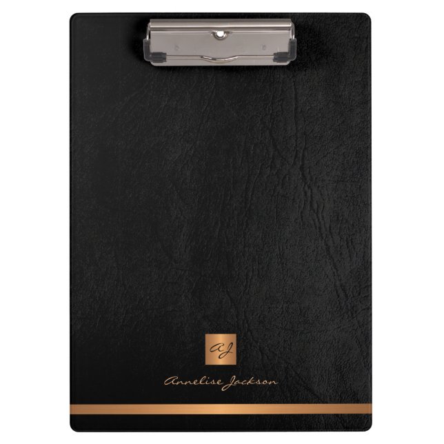 Elegant classy black leather gold monogrammed clipboard (Front)