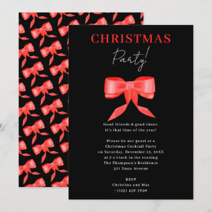Elegant Classy Black Red Bow Christmas Party Invitation