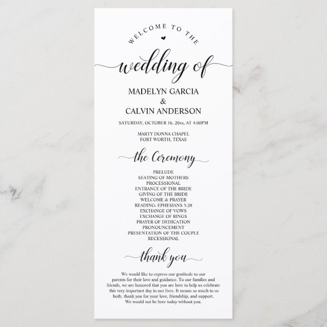 Elegant Classy, Black script, Wedding Ceremony Programme (Front)
