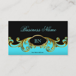 Elegant Classy Black Teal Blue Gold Floral Business Card